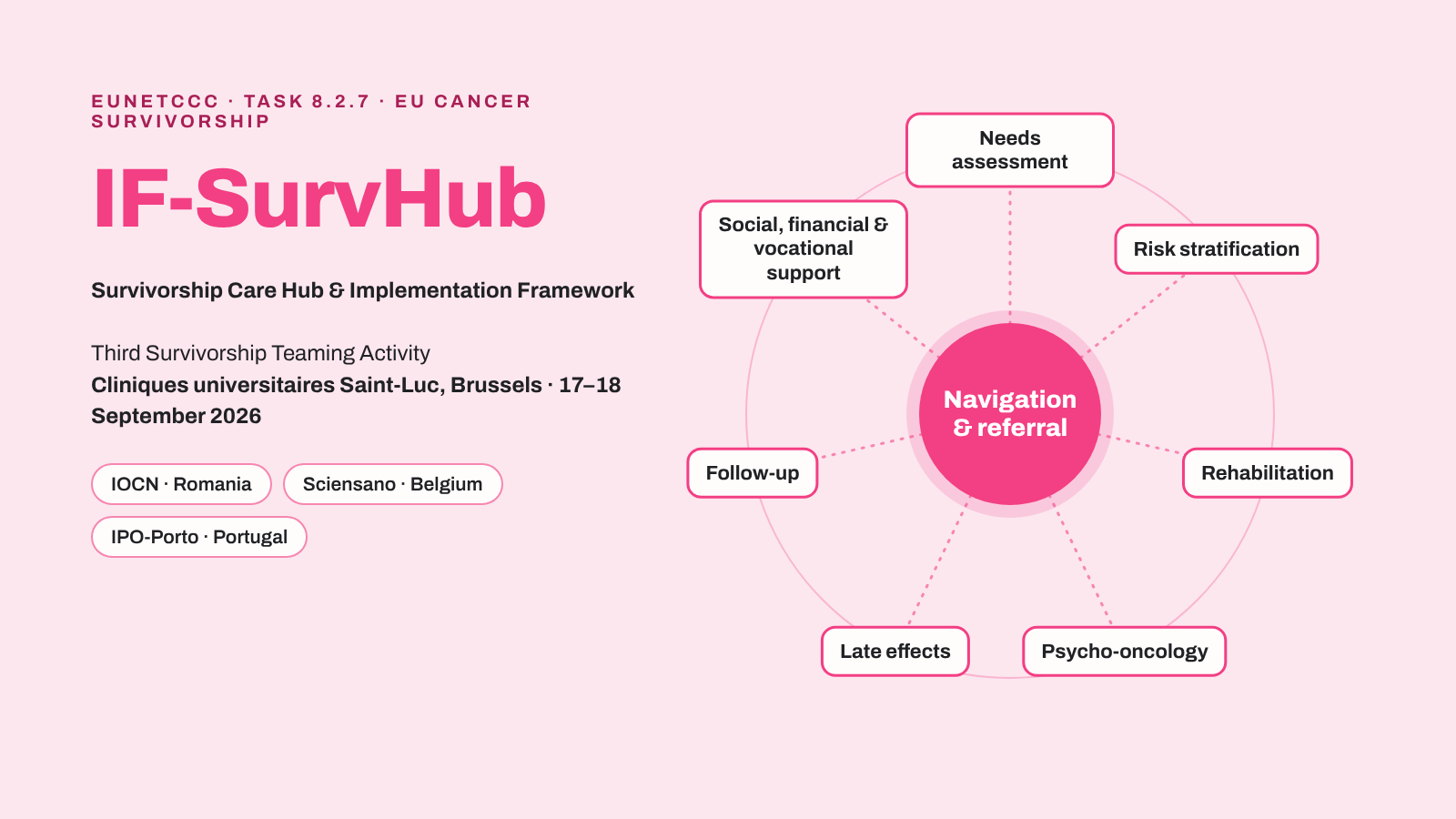 Diagram of IF-SurvHub: navigation and referral at the centre, surrounded by needs assessment, risk stratification, rehabilitation, psycho-oncology, late effects, follow-up, and social, financial and vocational support